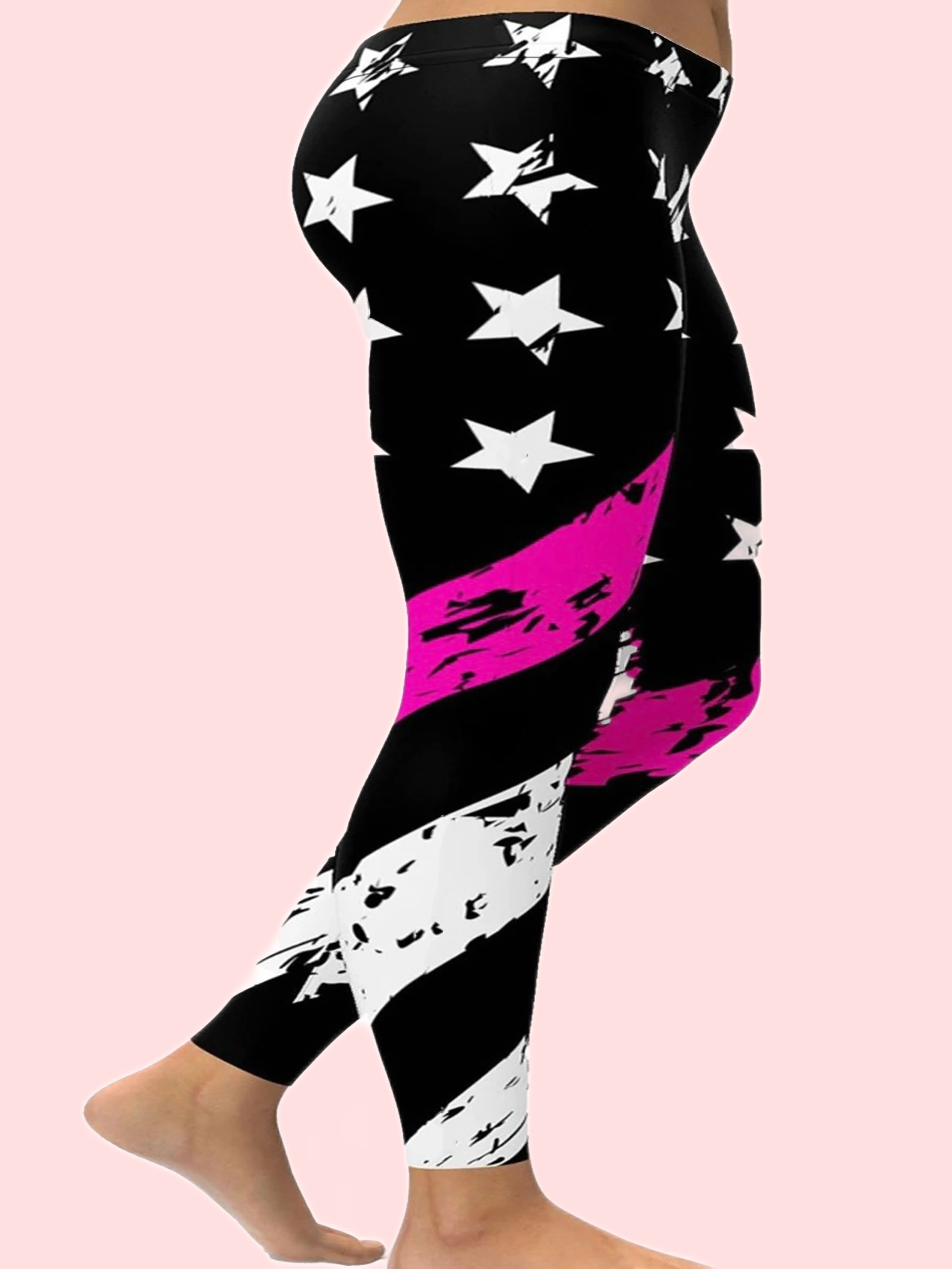 Plus Size Casual Leggings, Women's Plus Glitter Star & Stripe Print Elastic  High * Medium Stretch Leggings