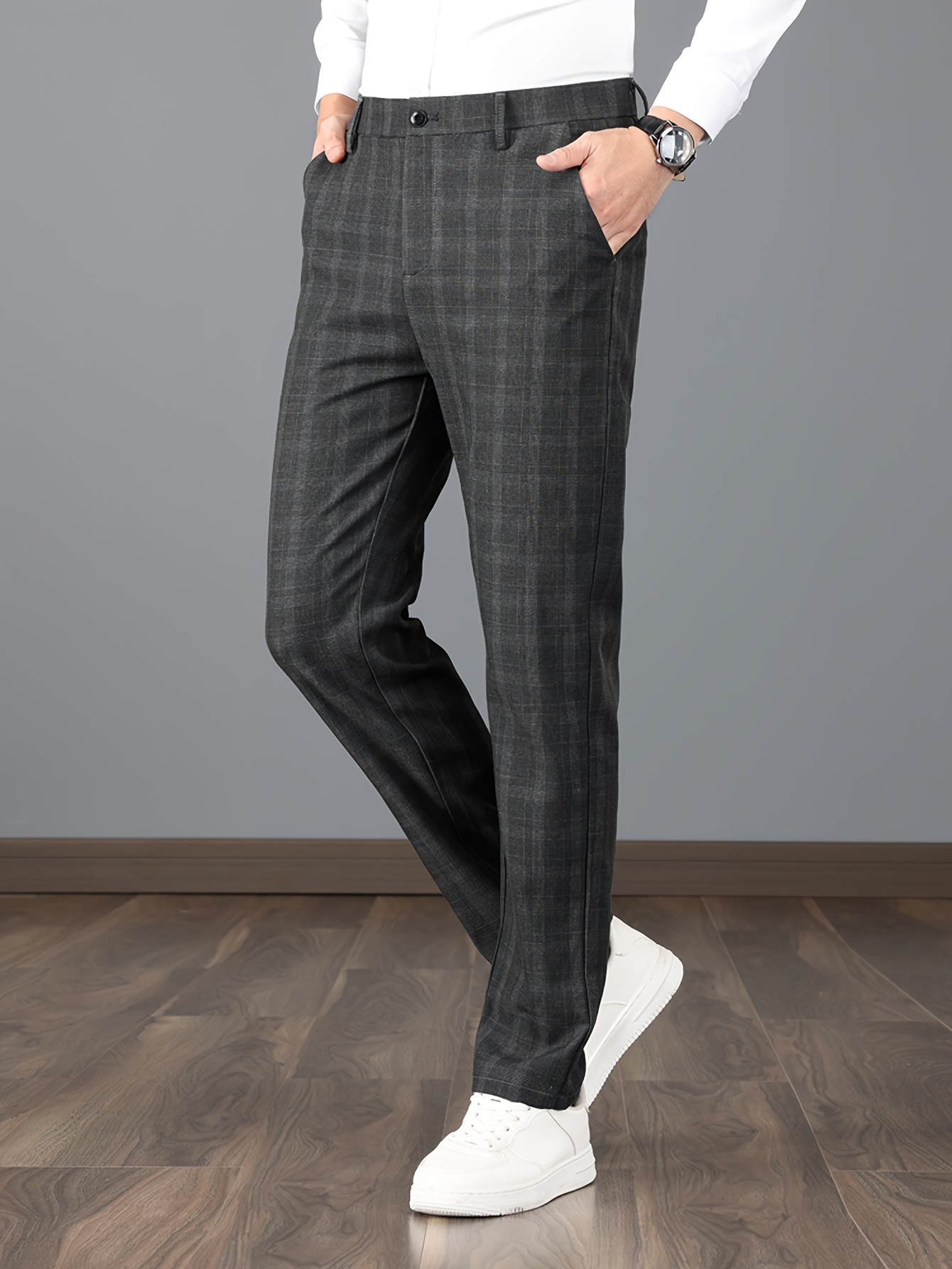 Elegant Plaid Slacks, Men's Casual Vintage Style Slightly Stretch Dress  Pants