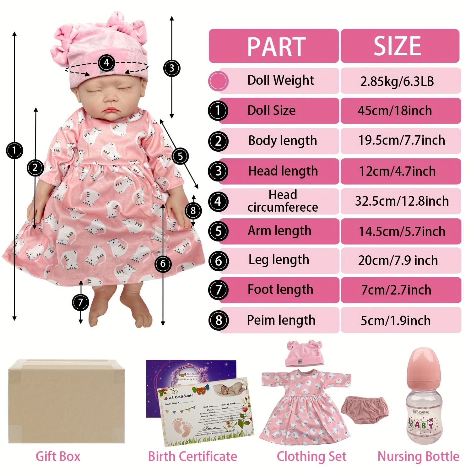 17.72inch Sleeping Girl Silicone Reborn Dolls Full Body Soft Solid Silicone  Bebe Reborn Doll Artist Painting Baby Dolls For Family's Gift Corpo De Sil
