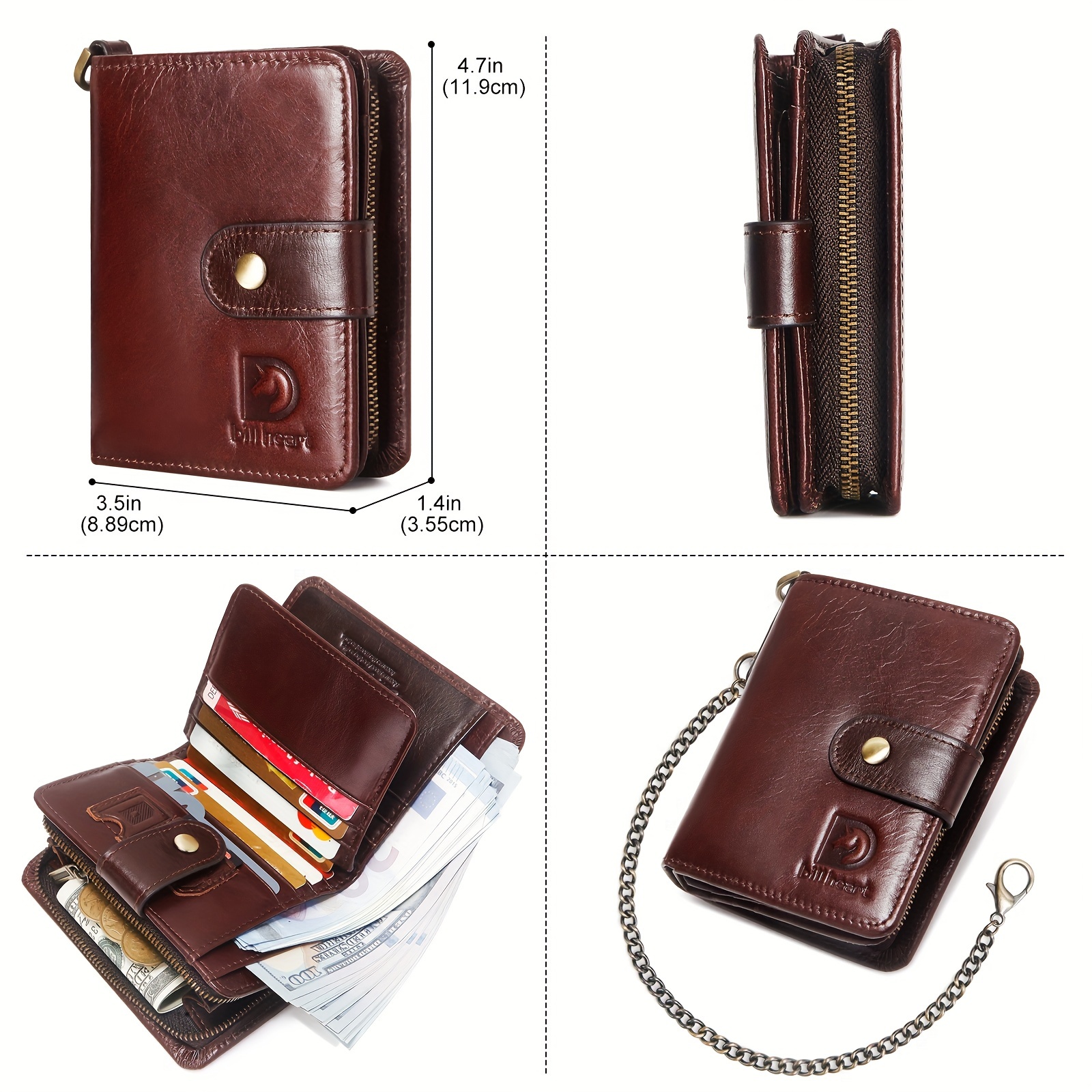 1pc mens wallet with chain genuine leather rfid blocking bifold wallet with anti theft chain