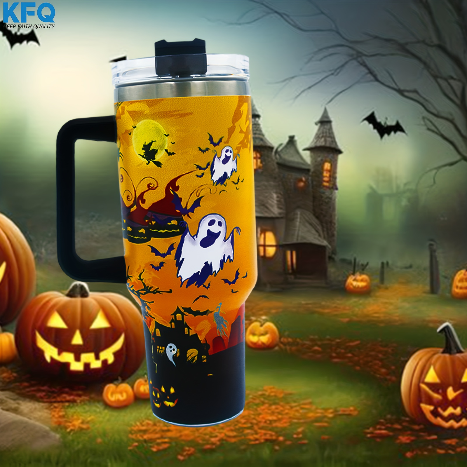 Halloween Sports Water Bottle With 4 Lids And Straws 304 - Temu