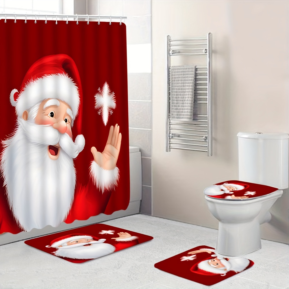 3D Christmas Santa Bathroom Shower Curtain Set Waterproof Shower Curtain  Non-slip Carpet Pedestal Rug Toilet Seat Cover Shower Curtains Christmas  Decro with 12 Hooks 4 Options