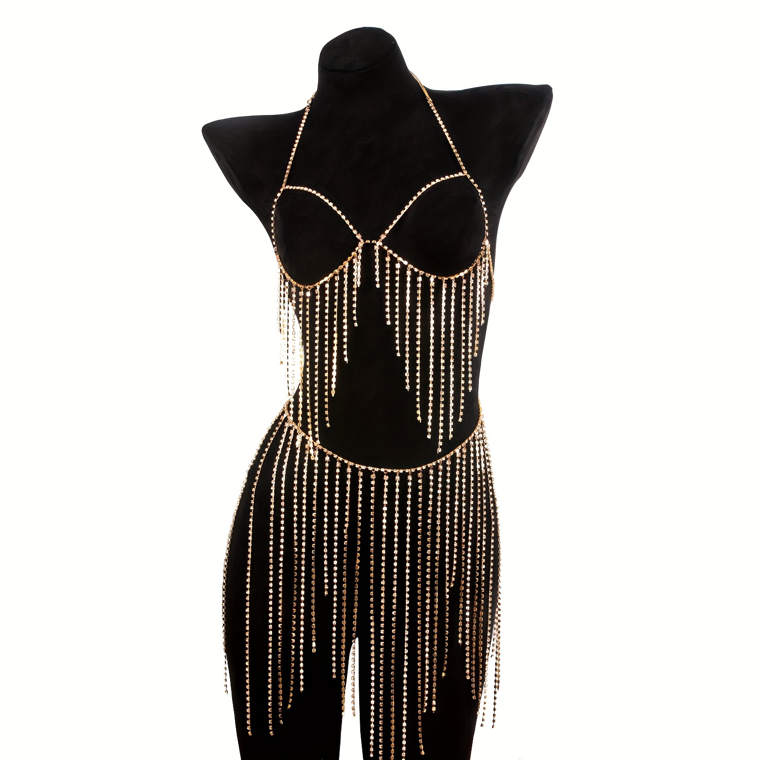 2 pc Bra Bikini Set Crystal Tassel Body Chains Belly Dance Skirts