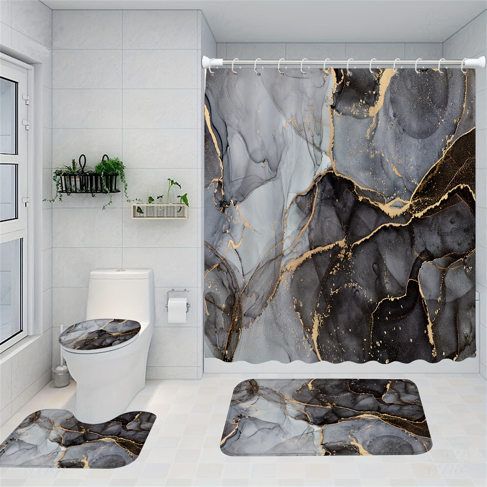 

1/4pcs Marble Pattern Shower Curtain Set, Golden Textured Waterproof Bath Curtain With 12 Hooks, U-shaped Mat, Toilet Cover Mat, L-shaped Mat, Bathroom Accessories, Aesthetic Bathroom Decor