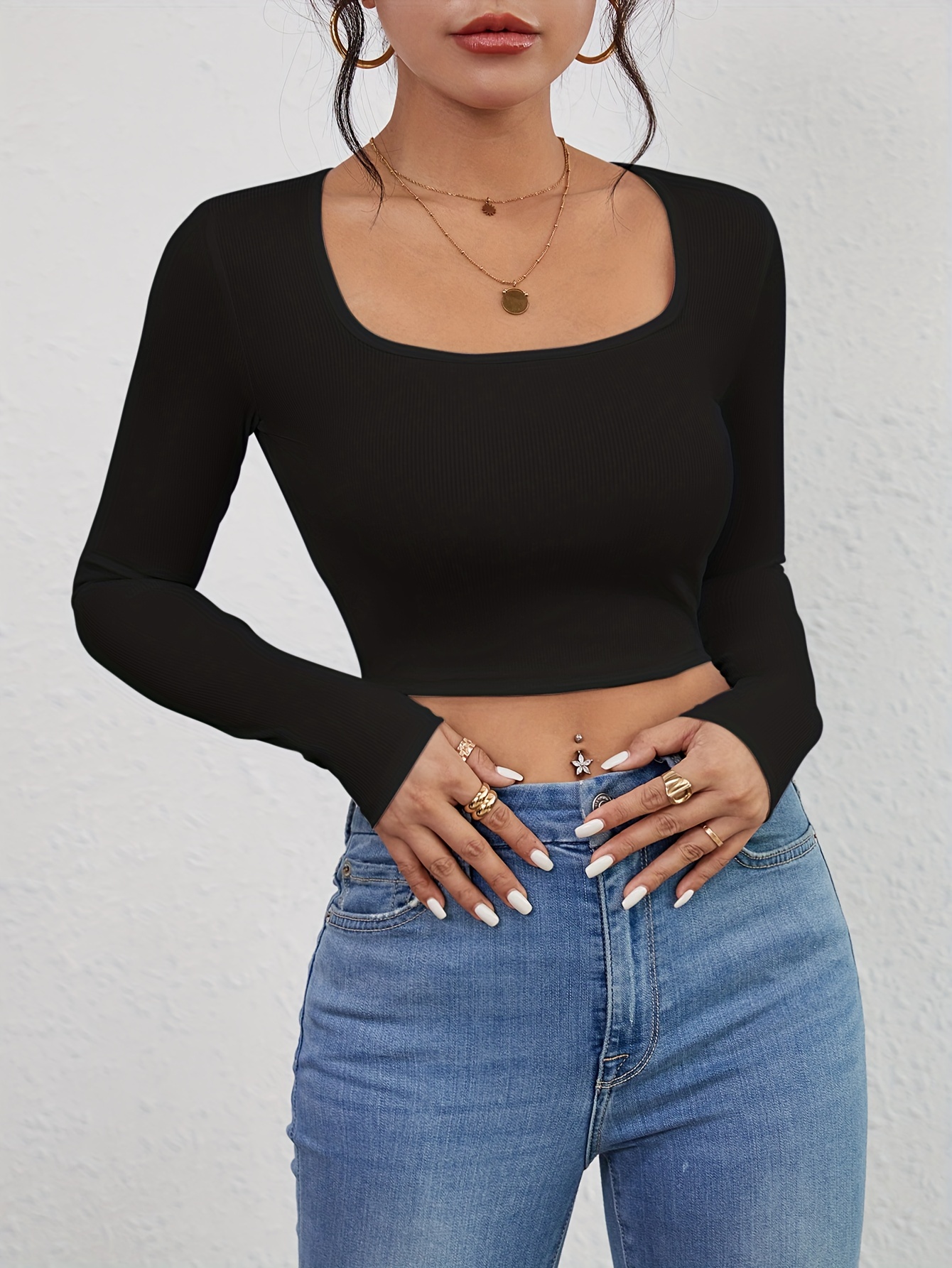 Ribbed Square Neck Crop T shirt Casual Sleeve Top Spring - Temu