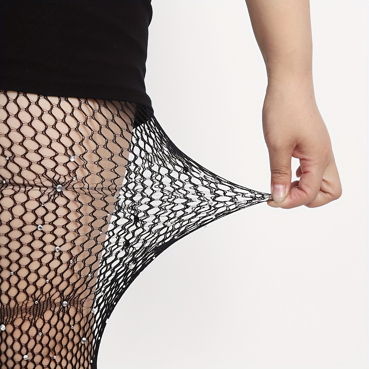 Black Shiny Rhinestone Fishnet Tights, Sexy Glitter Mesh Net