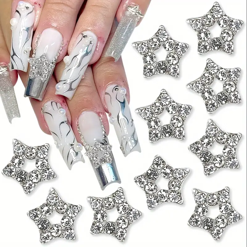  YECIRALA 20 Pieces 3D Stars Nail Charms and Rhinestones for  Nail Art Decoraions Silver Dangle Nail Stars Charms for Nails Jewels for  Acrylic Nails 3D Accessory for Nails Stars Glitters Gems