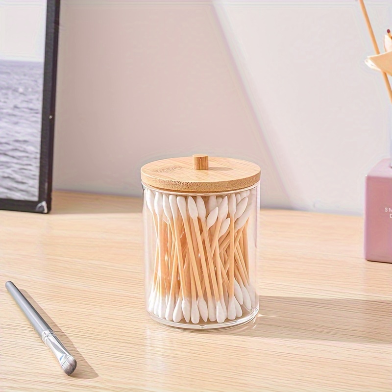 

1pc Bamboo-covered Cotton Swab Box, Acrylic Round Storage Cup, Transparent Cotton Pad Box, Countertop & Vanity Makeup Storage Organizer