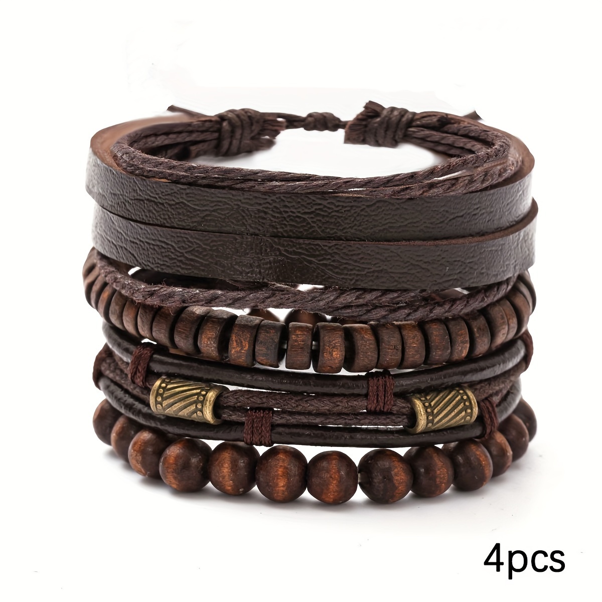 TEMU 4 Piezas De Pulseras De Moda Para Hombre, Pulseras De Cuentas De Madera Multicapa Retro, Accesorios De Moda, Regalo De Navidad.