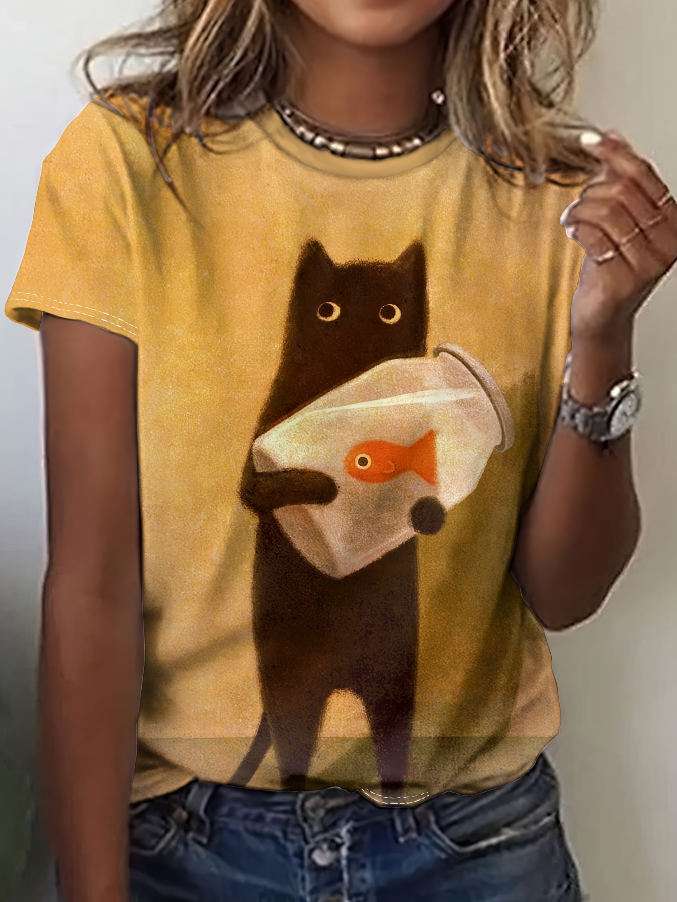 Fish & Cat Print Crew Neck T-Shirt, Casual Short Sleeve T-Shirt For Spring & Summer, Women's Clothing