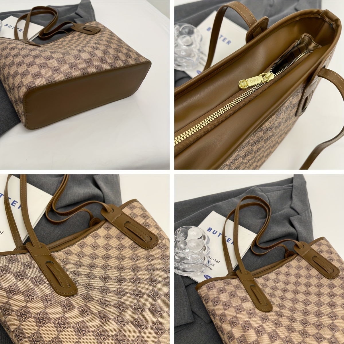 Retro Checkered Plaid Tote Bag, Luxury PU Leather Handbag, Large Capacity  Shoulder Bag For Women