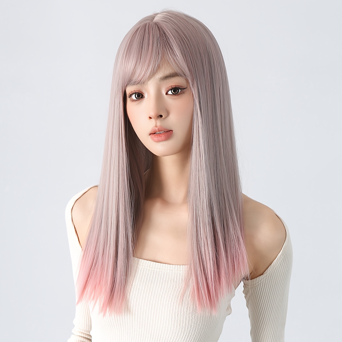 Grey Y2k Long Straight Wig Bangs Synthetic Wig Temu