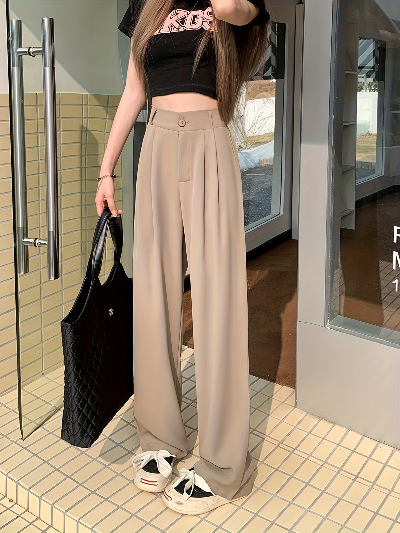  Women's Korean Style Draped Gray High Waist Pants Women's Loose  Straight Wide Leg Pants Black S: Clothing, Shoes & Jewelry