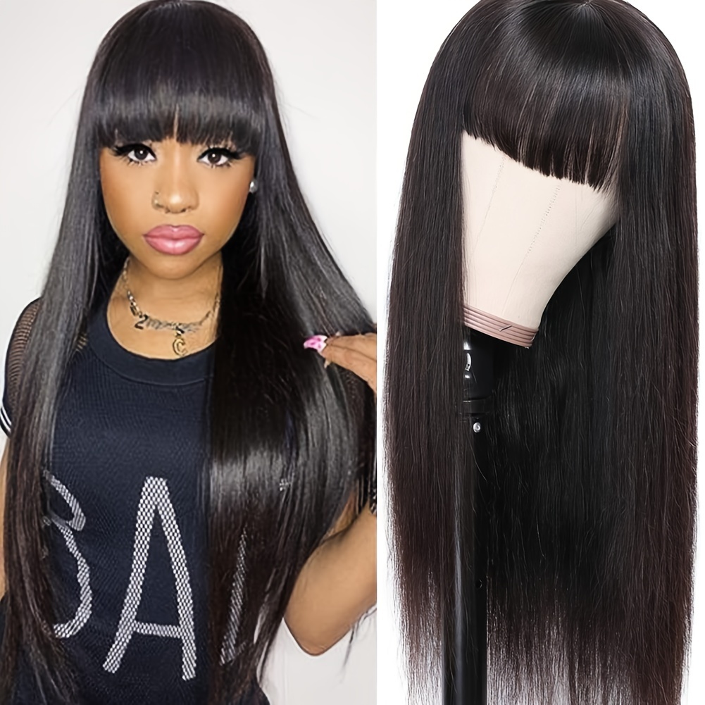 REMY HAIR Black Wig with Bangs 20 Inch Long Straight 100% Human Hair Wig  Glueless None Lace Front Wigs Unprocessed Brazilian Virgin Hair Wig with