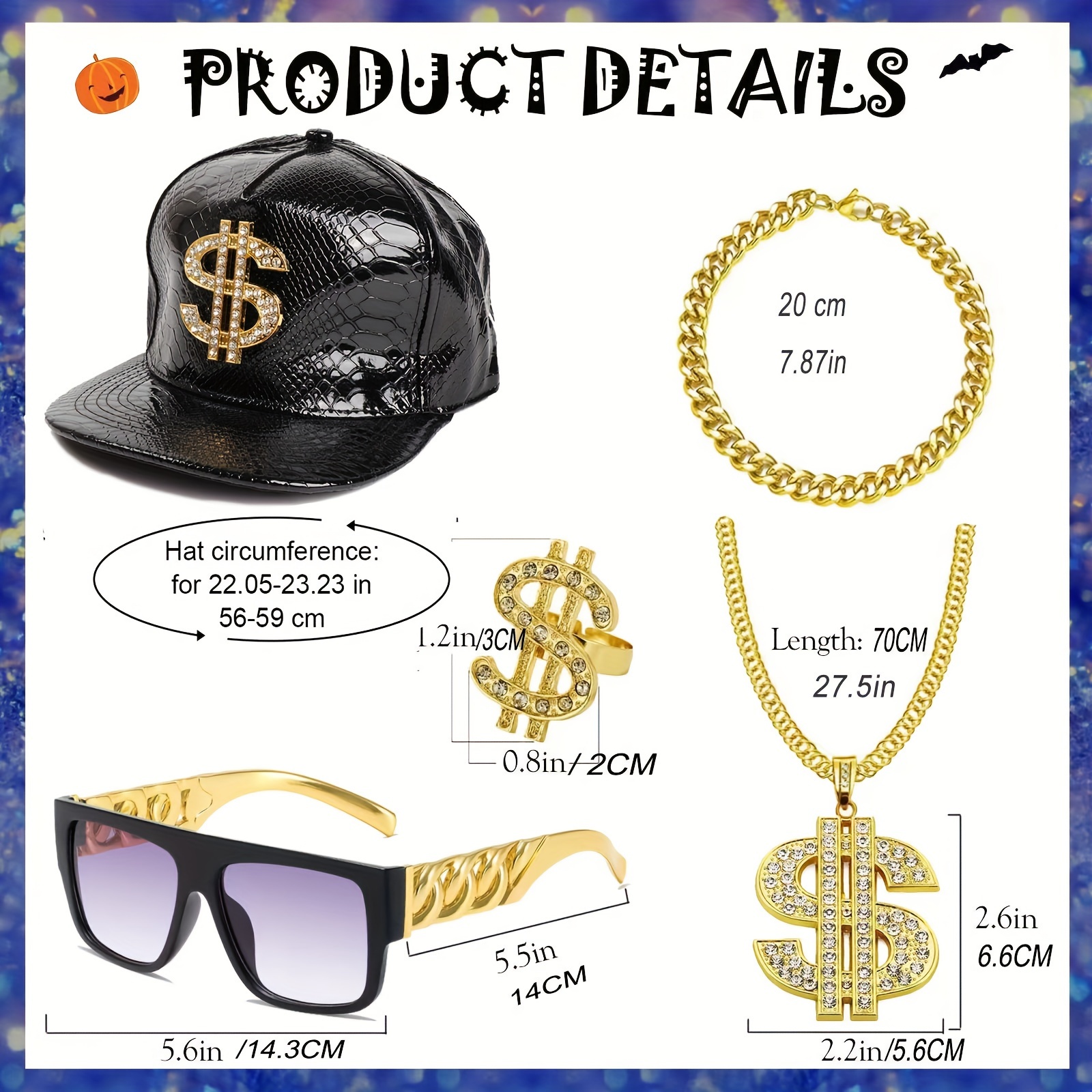 1set, Punk Cool Hip Hop Costume Kit, 80s 90s Rapper Accessories, Golden &  Black Baseball Cap & Sunglasses & Dollar Sign Necklace & Ring & Bracelet, Ha