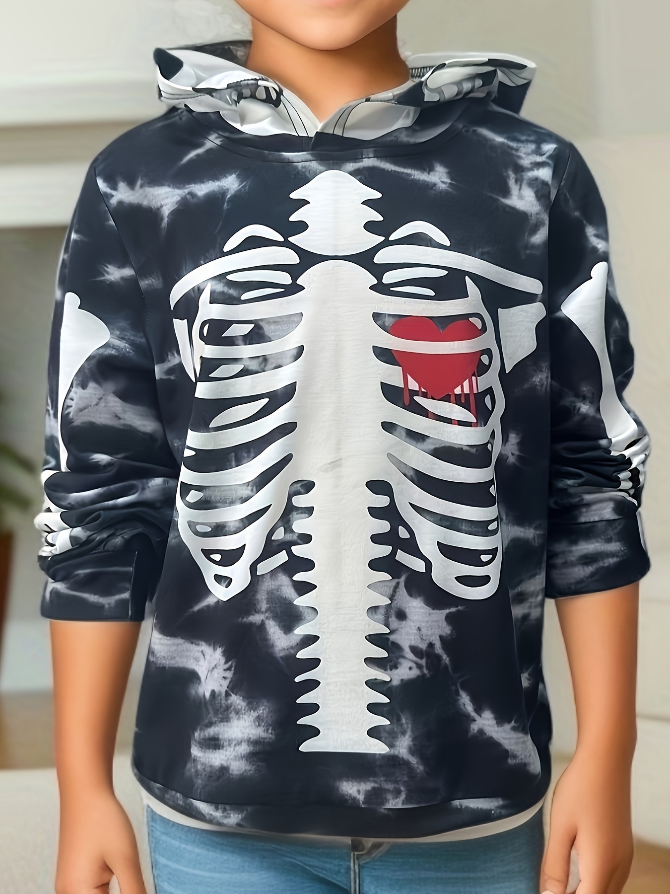 Tie Dye Skeleton Print Boys Casual Pullover Long Sleeve Hoodies Boys Sweatshirt For Spring Fall Kids Hoodie Tops Outdoor