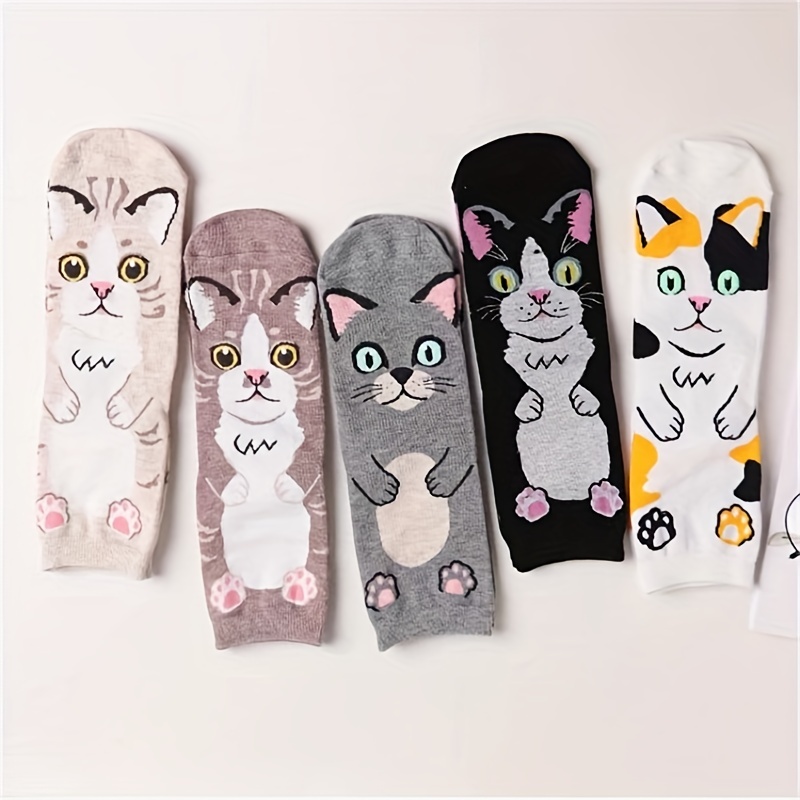 

5 Pairs Cartoon Cat Print Socks, Comfy & Cute Mid Tube Socks, Women's Stockings & Hosiery