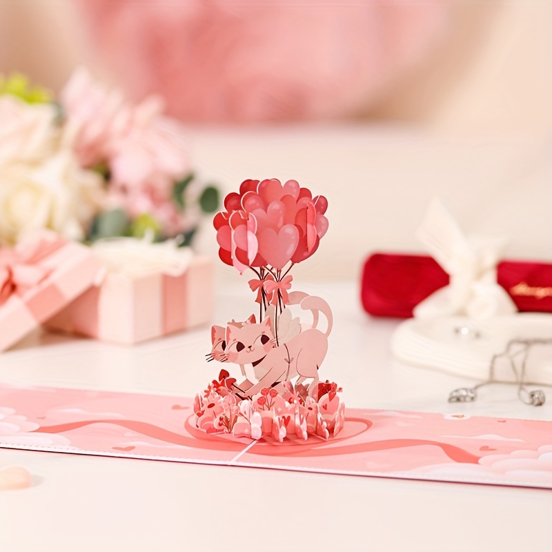 

1pc Cupid Cat Love Balloon 3d Greeting Card, Pop Up Card, Valentine's Day Gift Touch Heart Present