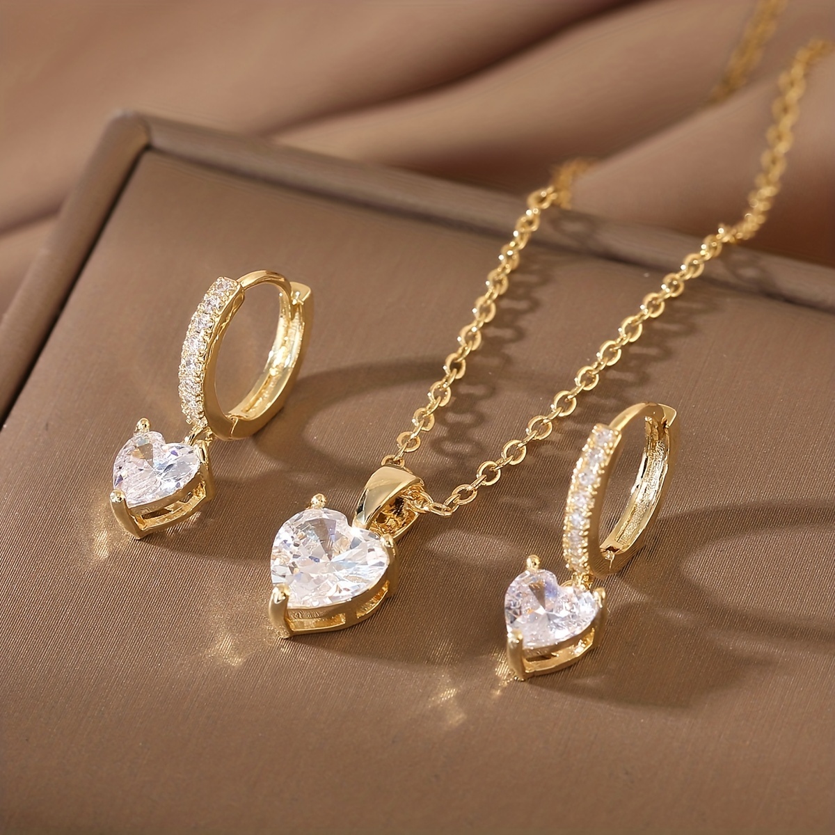 

3pcs Earring Plus Necklace Luxury Jewelry Set 14k Plated Inlaid Shining Zircon Sweet Heart Shape Match Evening Party Outfits Dainty Birthday Chrismas Gift