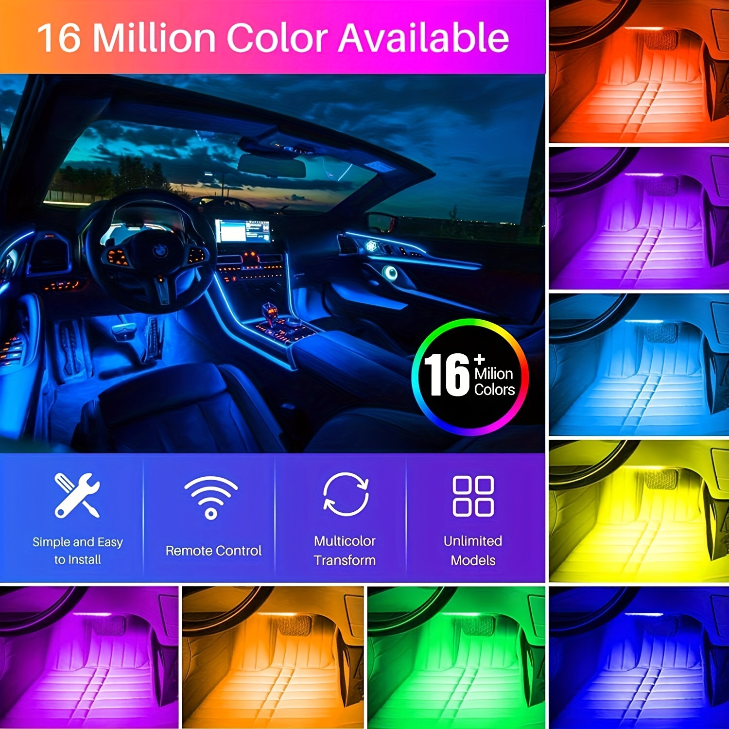 Rgb Led Car Lights 48 Leds Interior Car Lights Smart App - Temu