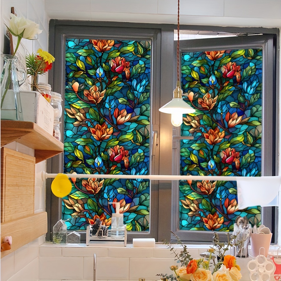 Electrostatic Colorful Flower Birds View Shape Glass Stickers Removable  Retro Window Privacy Stained Decor Film