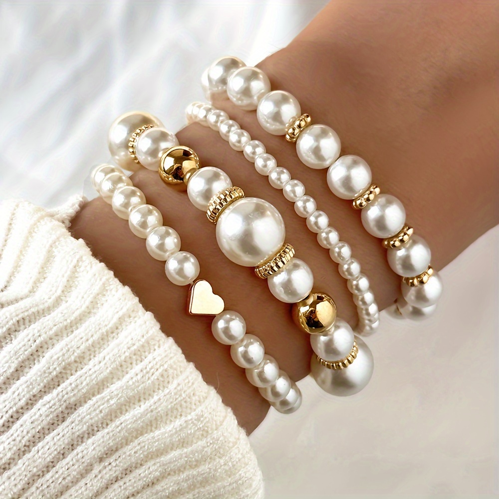 

4pcs White Faux Pearls Beads Beaded Bracelet Set Elegant Handmade Hand String Jewelry Accessory