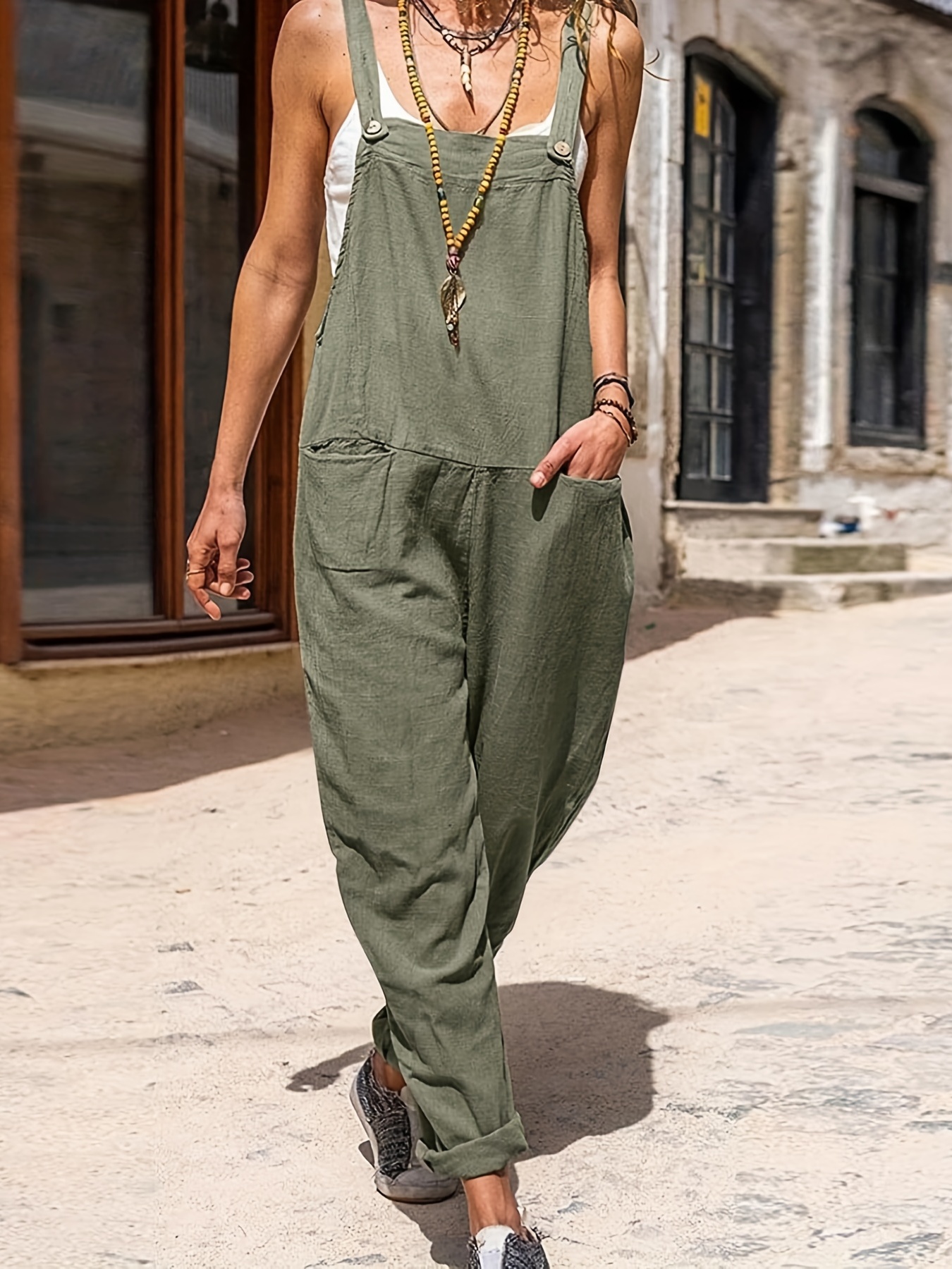 Pocket Front Overall Jumpsuit Casual Sleeveless Solid - Temu
