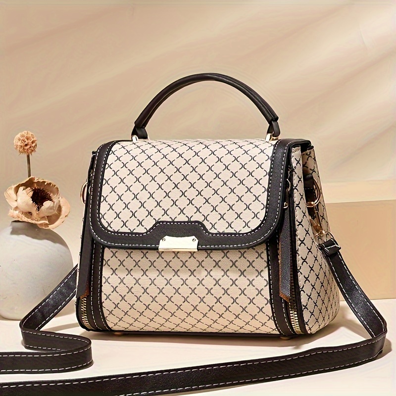 Fashion Printed Handbag For Women, Color Contrast Crossbody Bag, Elegant  Top Handle Square Purse - Temu