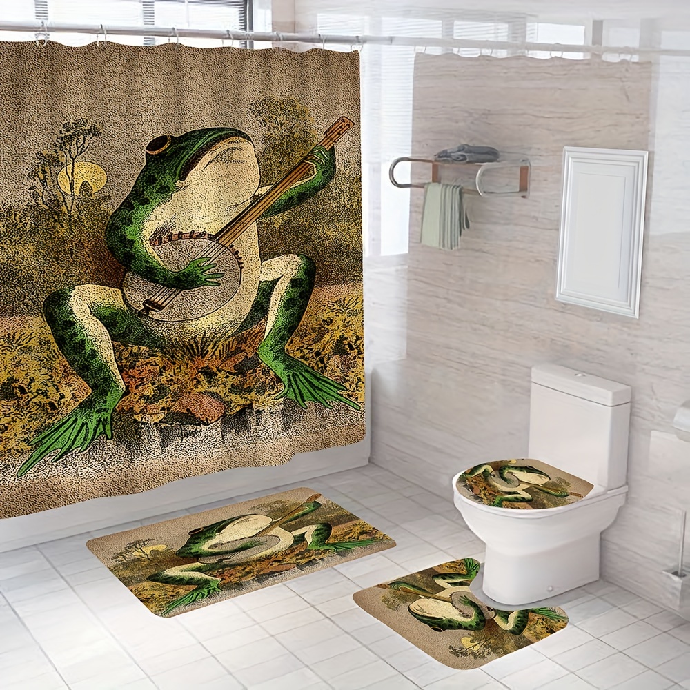 Cartoon Frog Print Shower Curtain Set Bath Rug U shape Mat - Temu