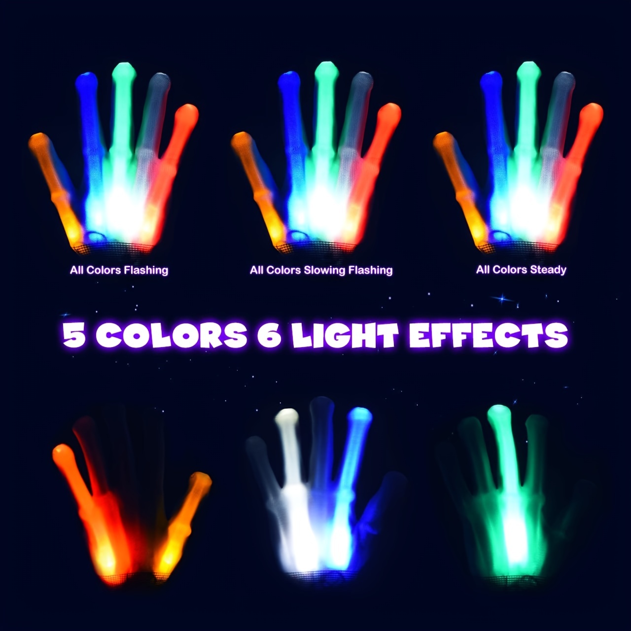 The Noodley Guantes LED para niños, 2 pares de guantes con luz blanca y  negra (para edades grandes de 13 a adultos)