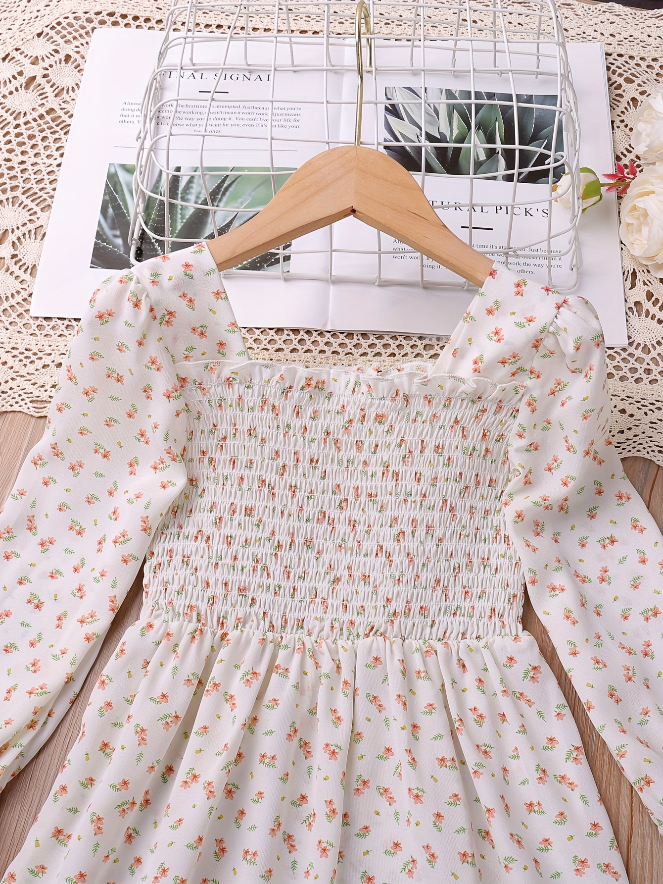 Hem Princess Dress Girls Long Sleeves Flowers Print Shirred - Temu