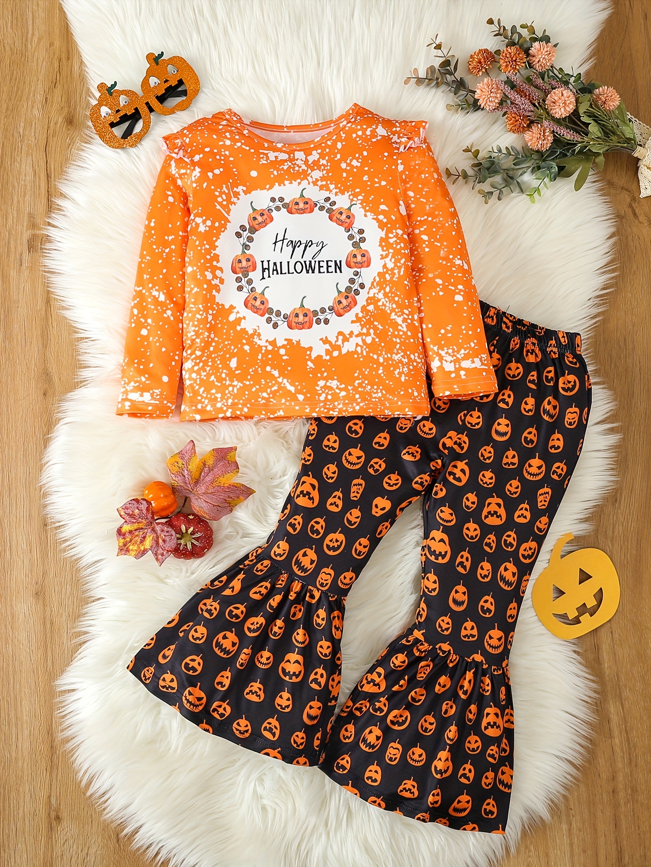 Halloween Girl Print Pullover + Pumpkin Graphic Flare Pants - Temu