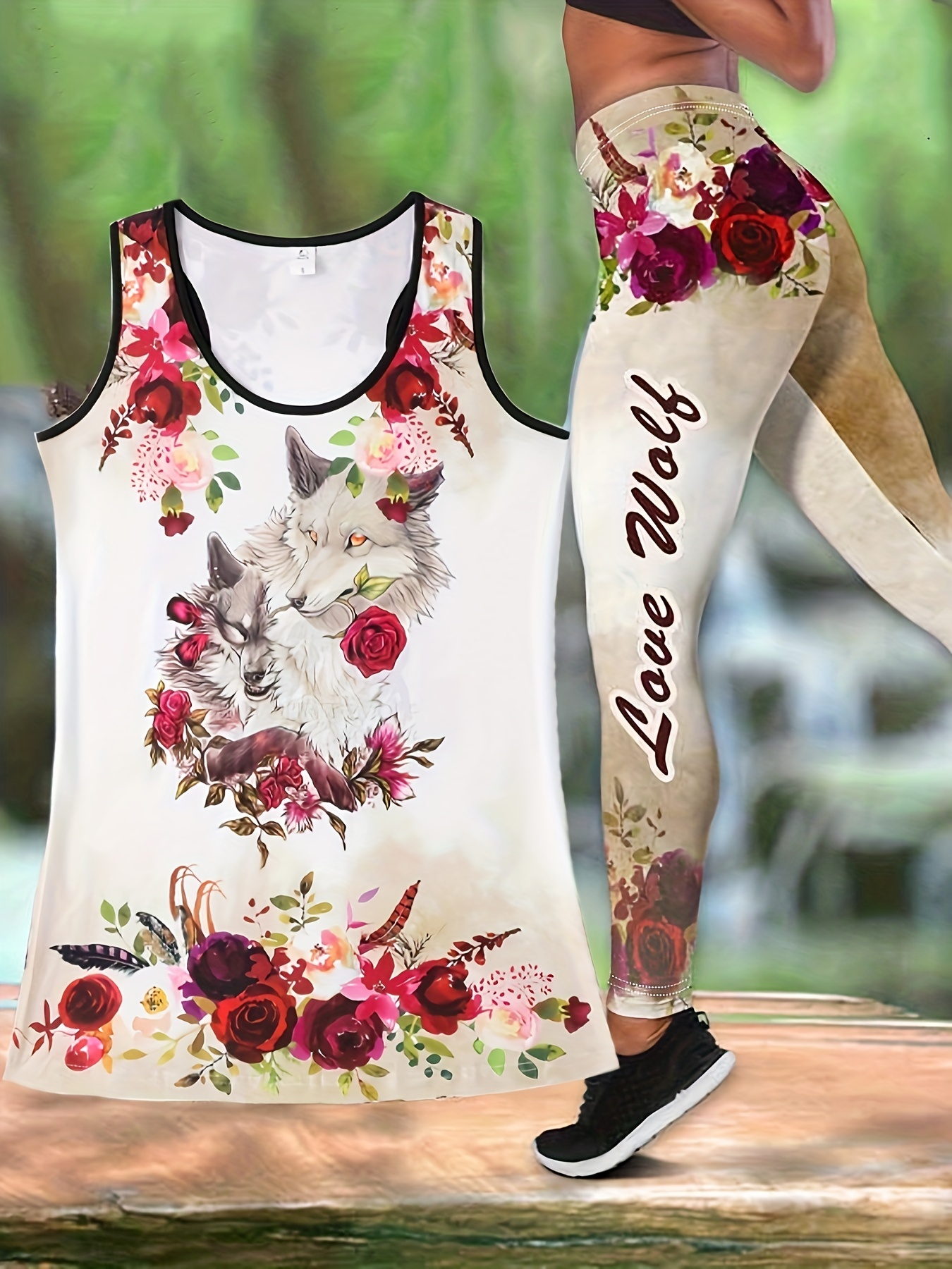 Women's Summer Wolf Tree Print Outfit Sleeveless Tank Top and Leggings -  Native Cultural Shop