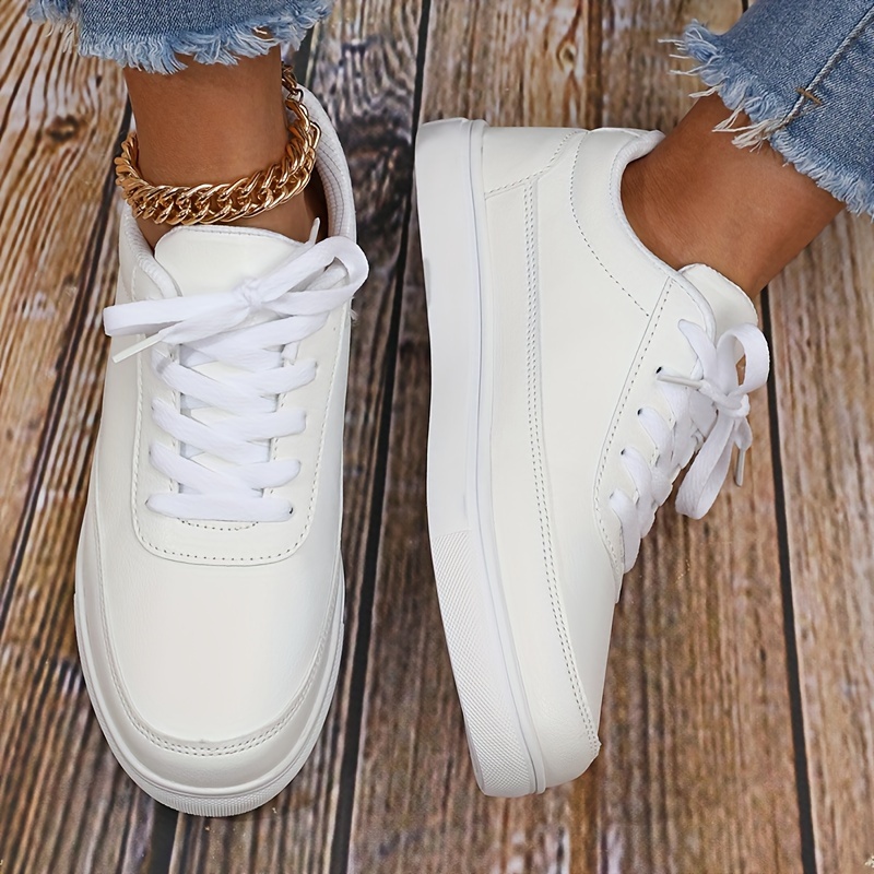 Women's Minimalist Solid Color Sneakers, Lace Up Low-top Round Toe  Lightweight Non-slip Shoes, Comfy Classic White Shoes