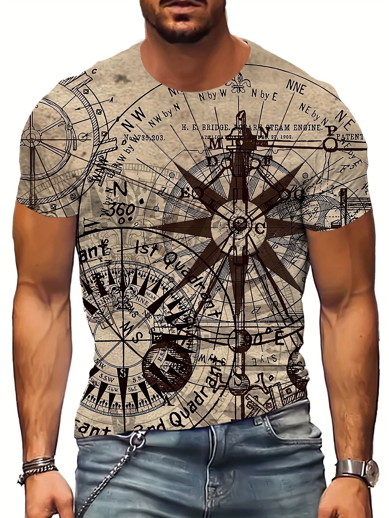 Men's Short Sleeve Crewneck T-Shirt Vintage Retro Compass North South East  West Sailing Shirts Casual Slim Fit Tops