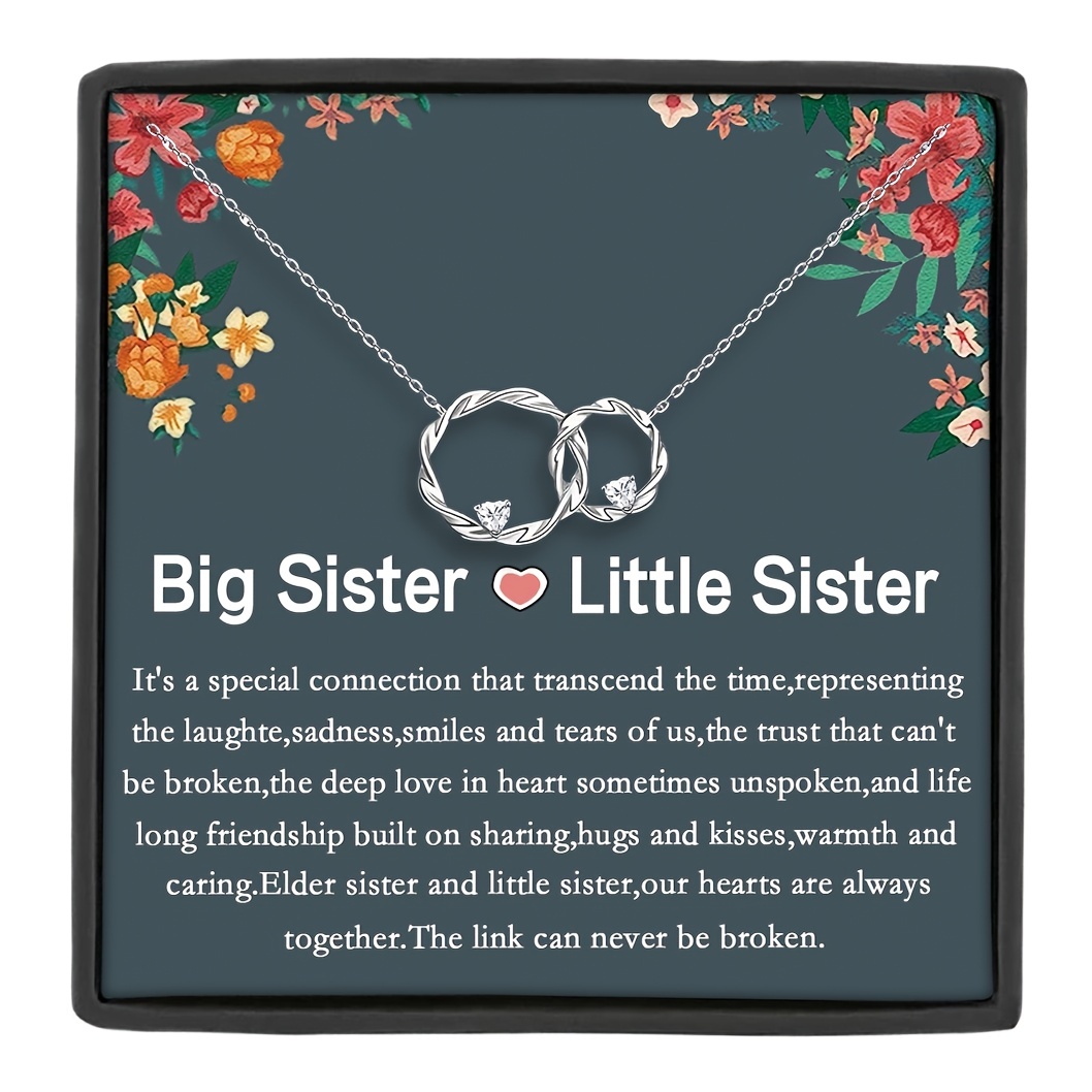 

Gift Card With Text And Gift Box, Big Sister & Little Sister Double Twisted Pendant Necklace, Simple Double Ring Circle Wreath Pendant, Sister Necklace, Christmas Birthday Gift