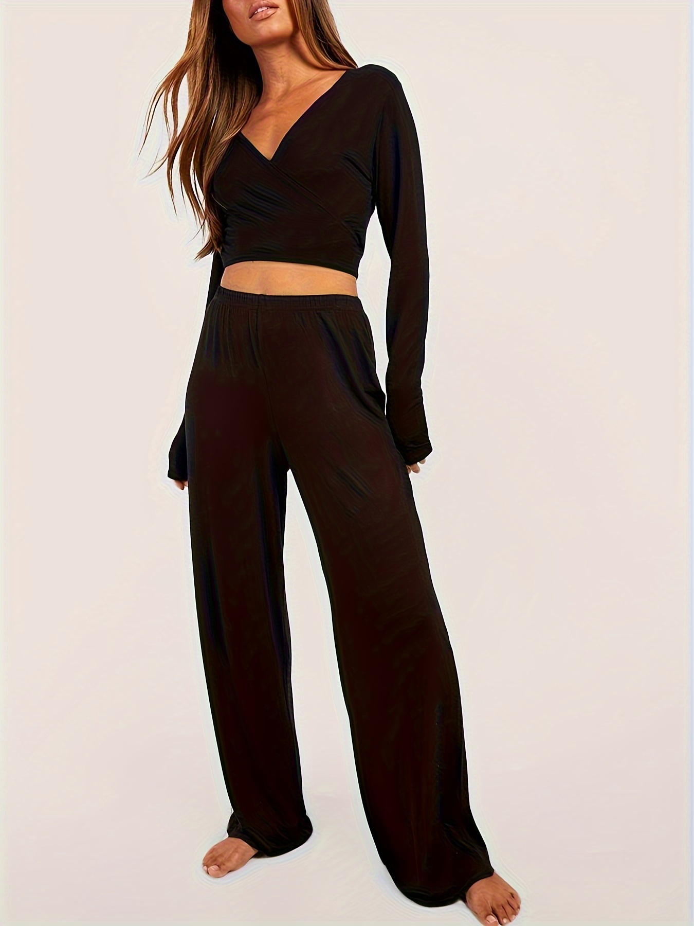 Casual Solid Two piece Set Long Sleeve Top Long Pants - Temu Canada