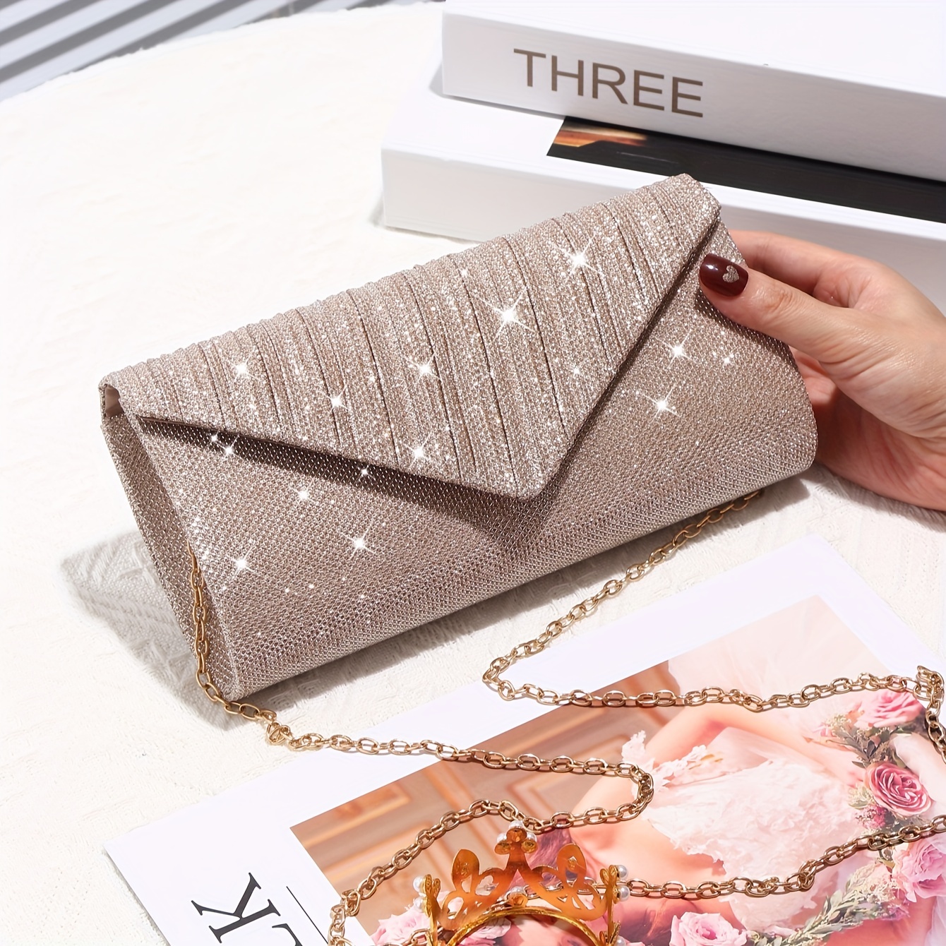 Chain Clutch Purse Glittering Evening Bag Party Cocktail Prom Handbags for Women Champagne