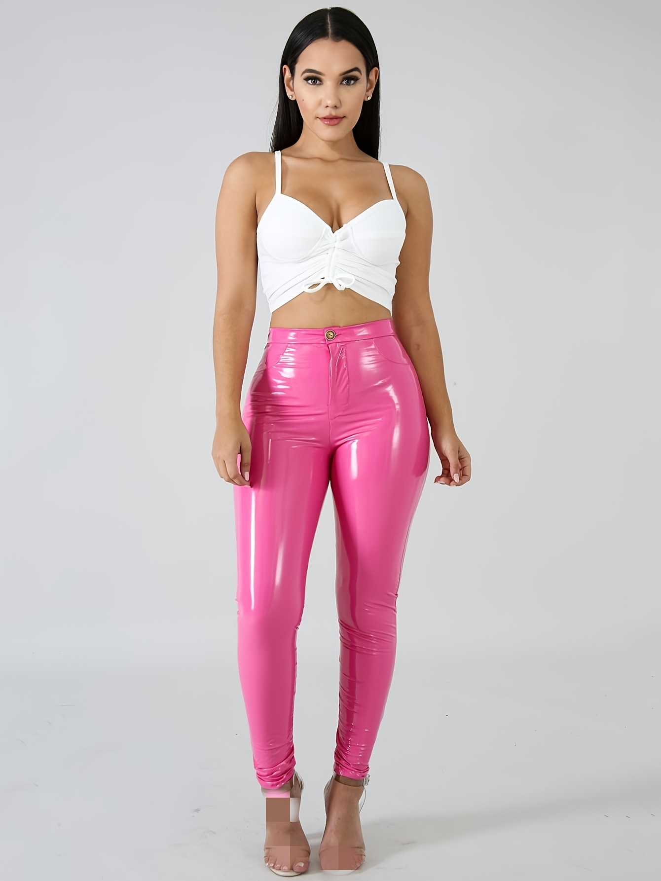 Women's Solid Faux Pu Leather Pants High Waist Skinny Pencil