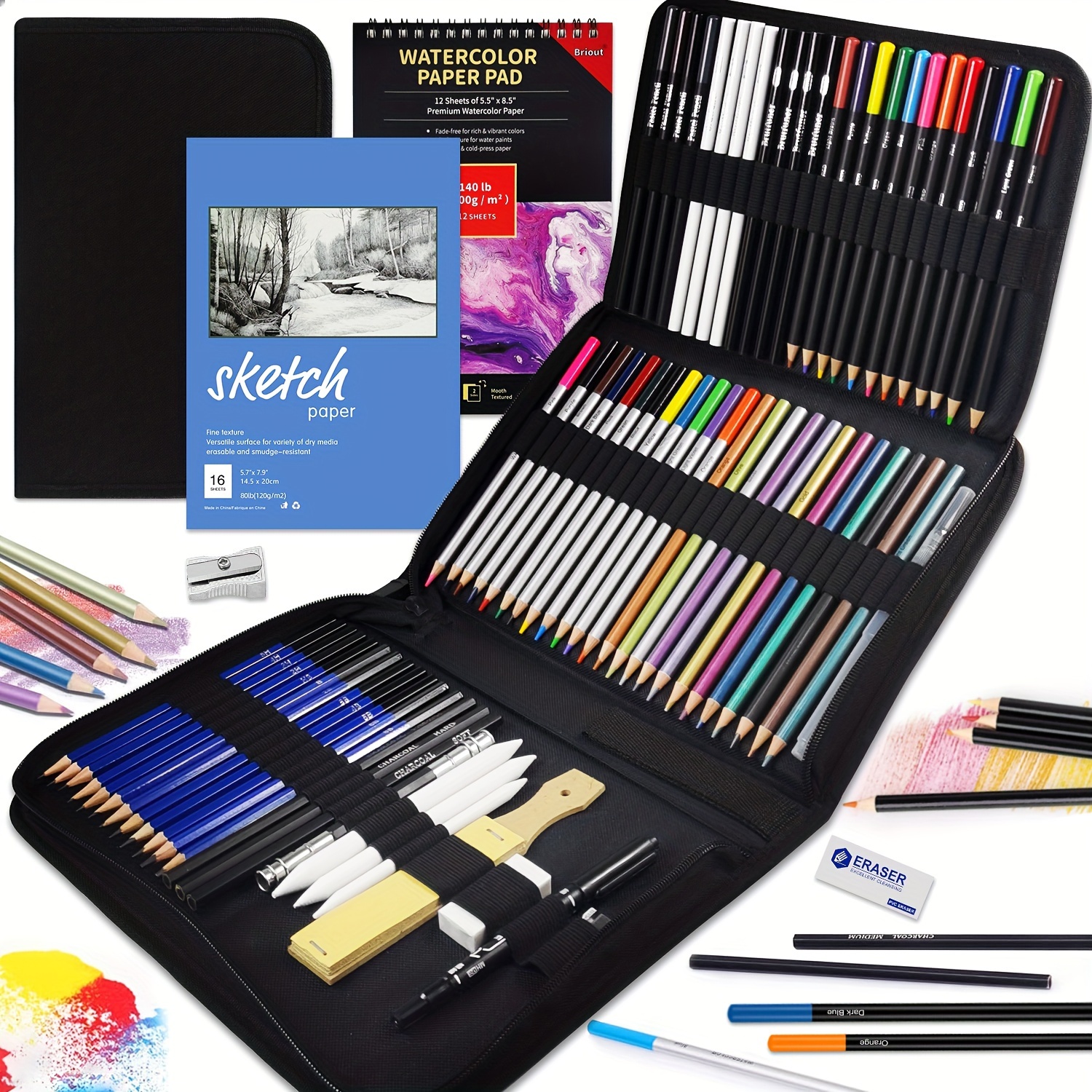 

75-piece Painting Set Sketch Set, Professional Art Supplies, Equipped With 2 Sketch Books, Colored Pencils, Graphite, Charcoal, Watercolor, Metal Pencil, Suitable For Artists, Adults, And Beginners