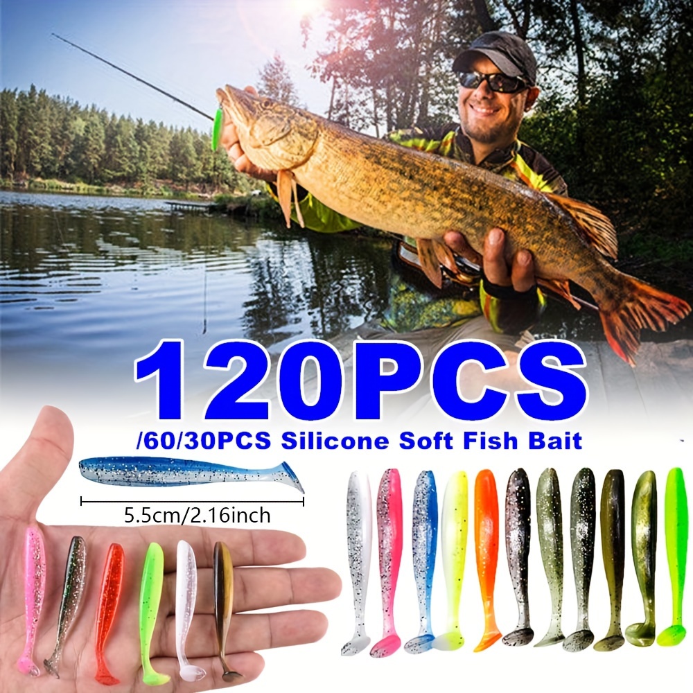 

30/60/120pcs Soft Fishing Lure, Double Color Artificial T-tail Bait, Carp Fishing Accessories
