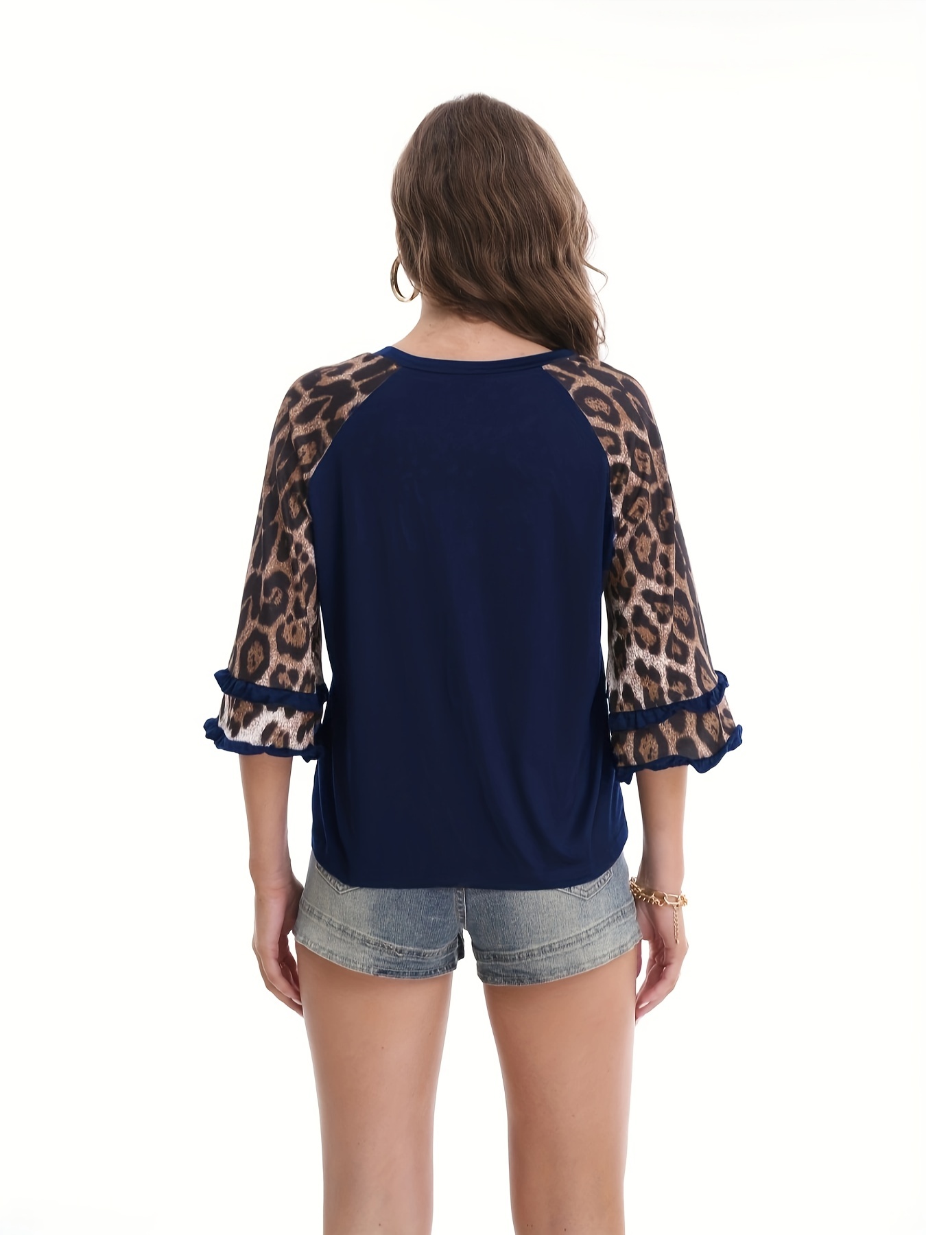 Blue Animal Print Ruffle Sleeve Top