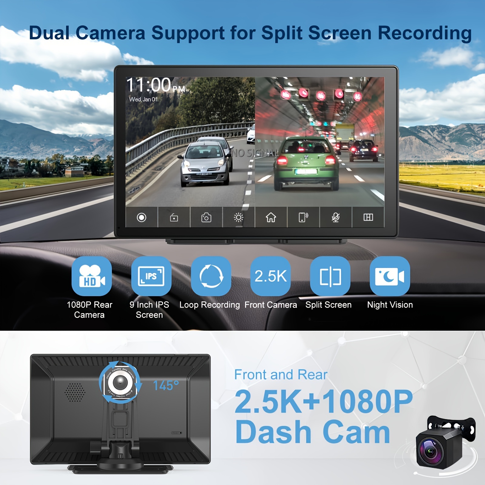 22.86 Cm Portable Car Stereo With 2.5K Dash Cam, Wireless CarPlay & Android  Auto HD IPS Touchscreen Car Radio With 1080P Backup Camera