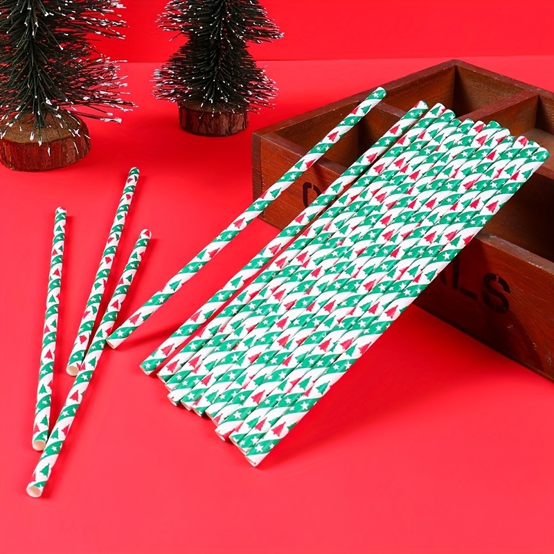25pcs Christmas Paper Straws Snowflake Drinking Straw Christmas Decorations for Home Xmas Happy New Year Noel Party Supply, Red
