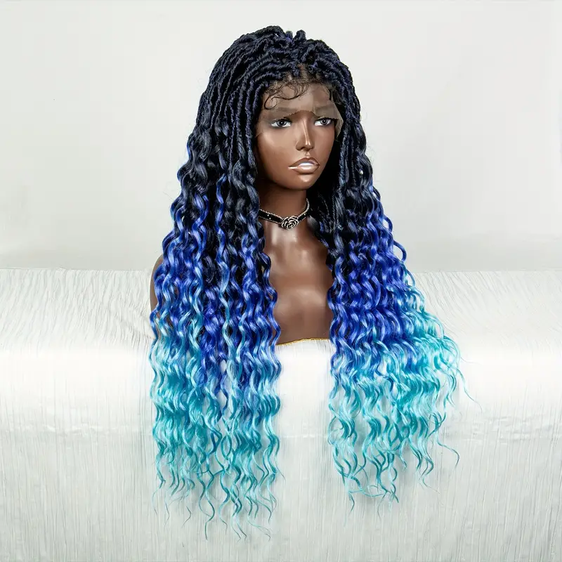 Braid Wig Blue Long Braids Synthetic Full Lace Wig Beginners - Temu