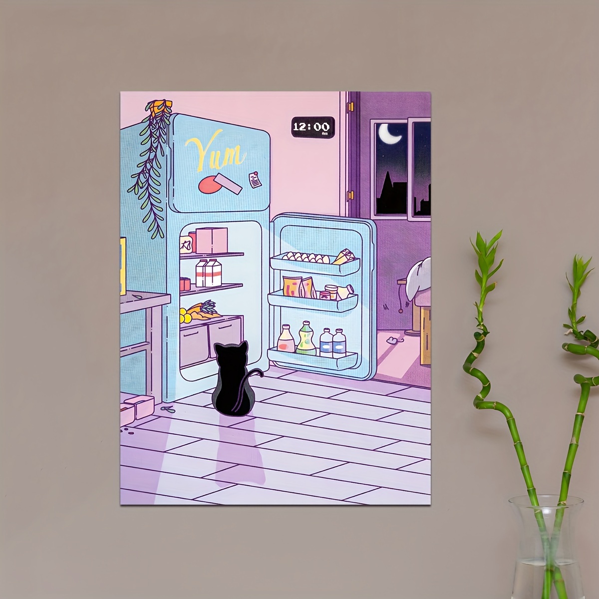 Preppy Canvas Print Poster Cute Cat Midnight Snack Canvas - Temu