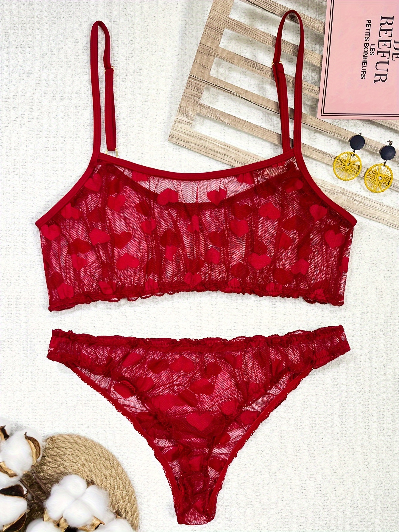 Heart Print Mesh Lingerie Set, See Through Unlined Bra & Sheer Panties,  Women's Sexy Lingerie & Underwear