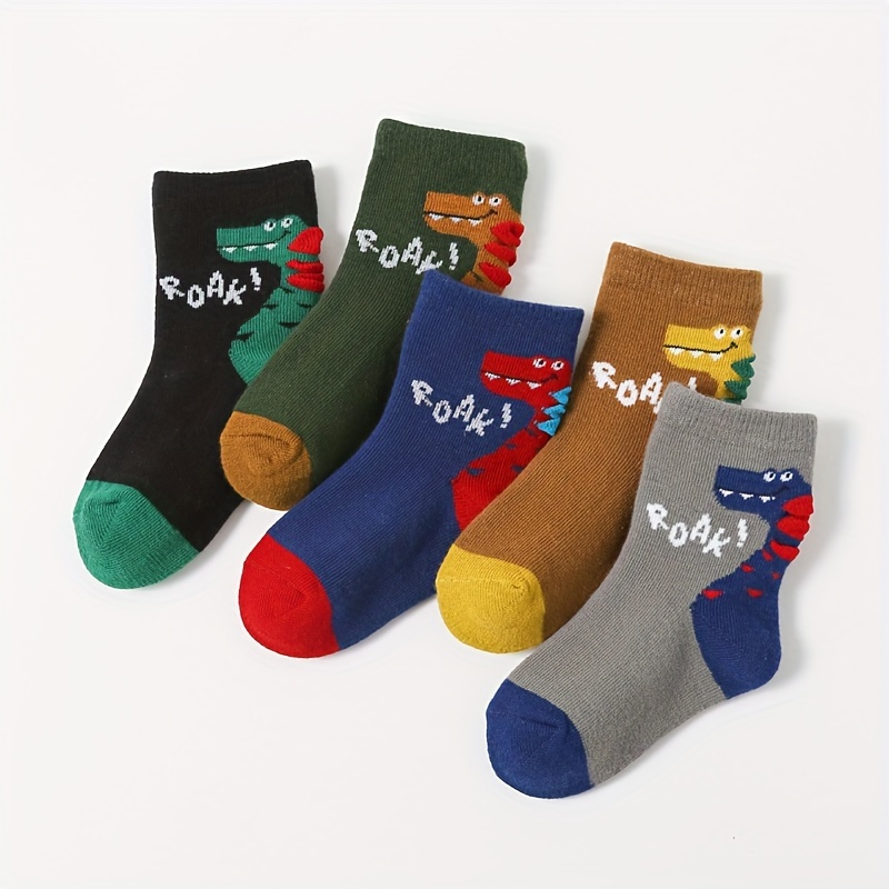 5pairs Boys Socks Cartoon Dinosaur Pattern Breathable Kids Children's Socks For