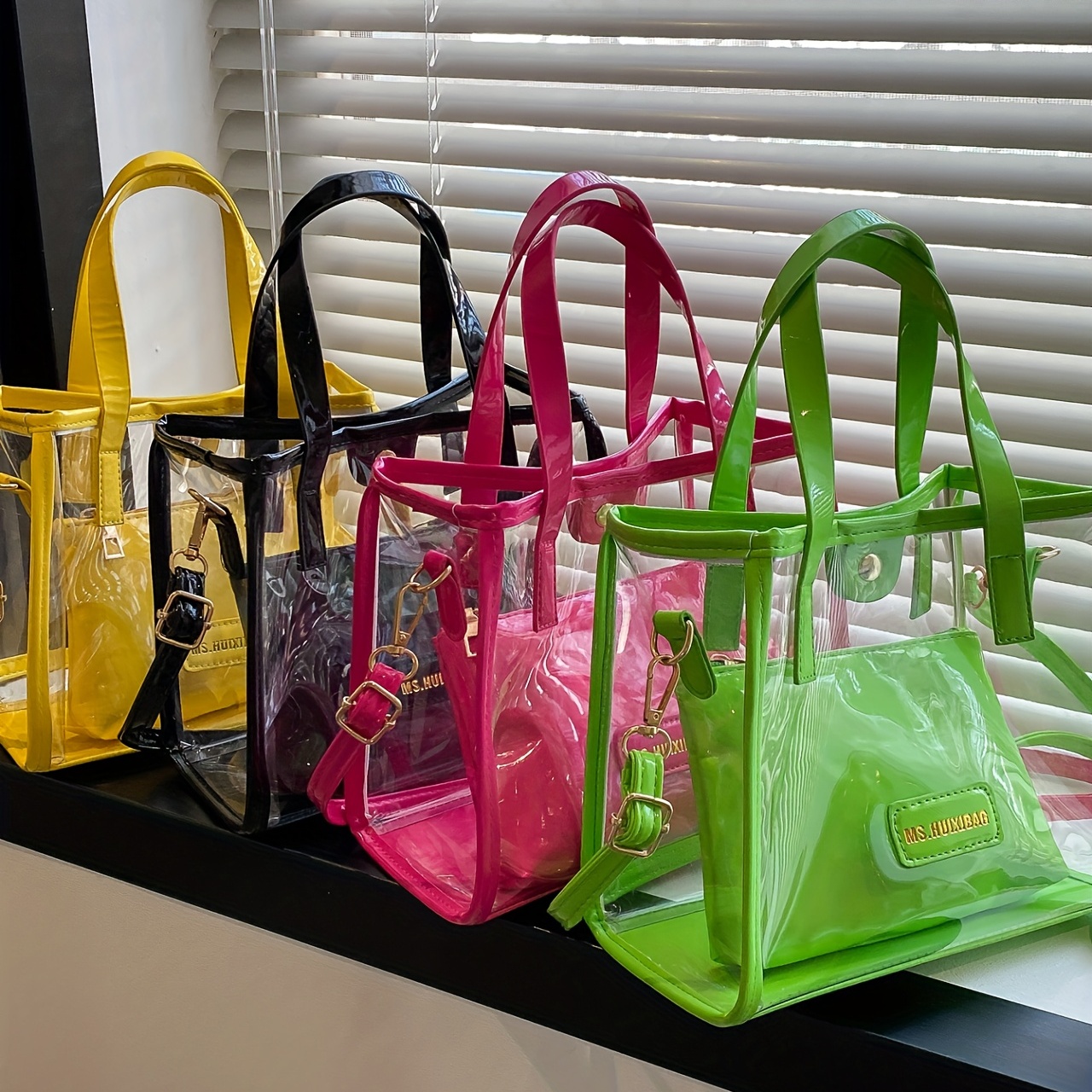 CHAMAIR Summer Clear PVC Handbags Women Beach Travel Transparent Tote Bags  (Black) 