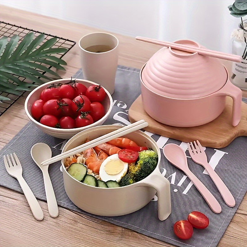 1Set Cute Noodles Bowl with Lid Handle Dinnerware Wheat Straw